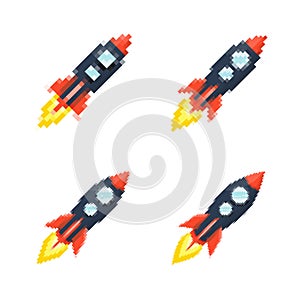 Pixel art rocket with fiery trails, retro games, space-themed designs, apps, or animations. 8-bit style for technology photo