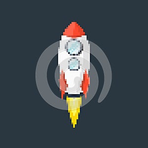 Pixel art rocket with fiery trails, retro games, space-themed designs, apps, or animations. 8-bit style for technology photo