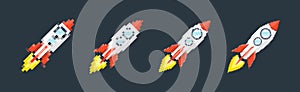 Pixel art rocket with fiery trails, retro games, space-themed designs, apps, or animations. 8-bit style for technology photo