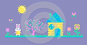 Pixel art scene with rabbit.