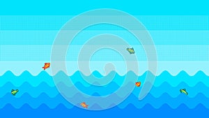 Pixel art sea waves background with fish jumping out of water. Vector seamless background.