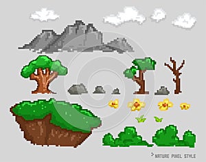 Pixel art set of nature element illustration.,Pixel forest set. Retro 8 bit video game UI elements
