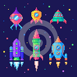 Pixel art set of rocket launch. Pixelated cartoon spaceships,cosmic shuttles