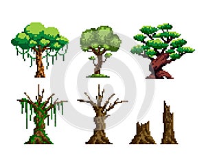 Pixel art set of trees. tropical trees, dry trees and stumps. 8 bit isolated on background.