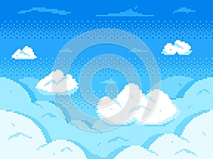 Pixel art sky. Clouds 8-bit skyline, retro video game cloud landscape and cloudy vector background