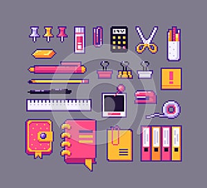 Pixel art stationery icons set