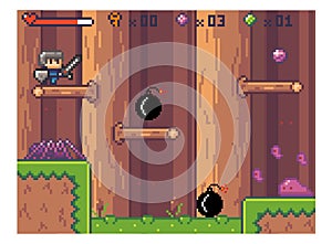 Pixel art style, character in game arcade play. Man with sharp sword fighting in the forest