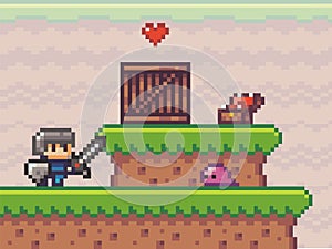 Pixel art style, character in game arcade play vector. Man with sharp sword fighting against enemy