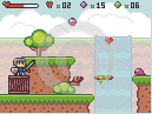 Pixel art style, character in game arcade play vector. Man with sharp sword fighting against enemy