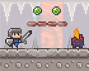 Pixel art style, character in game arcade play vector. Man with sharp sword fighting against enemy
