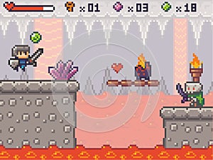 Pixel art style, character in game arcade play vector. Man with sharp sword fighting against enemy