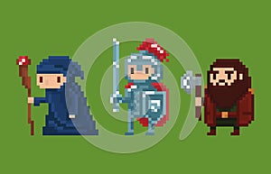 Pixel art style illustration wizard, knight and photo