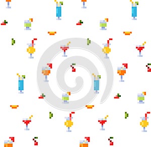 Pixel art style seamless pattern of ice and alcoholic summer drinks and beach cocktails. Fruits and refreshments. Background.