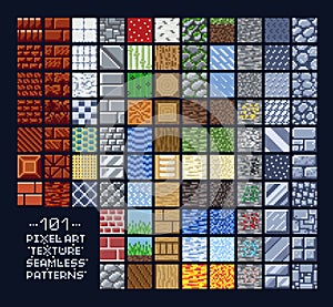 Pixel art style set of different 16x16 texture pattern sprites - stone, wood, brick, dirt, metal - 8 bit game design photo