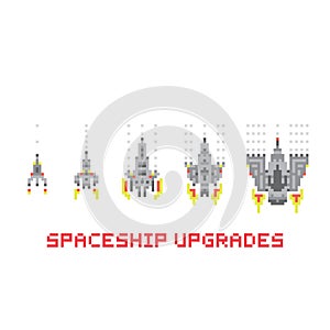 Pixel art style spaceship game upgrades vector set