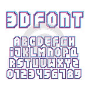 Pixel art style stereo effect letters and numbers vector set