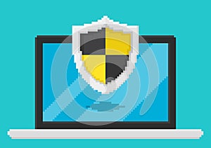 Pixel art style vector illustration of antivirus shield on laptop screen. Security vector illustration.