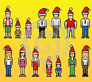 Pixel art style people avatars in xmas santa claus hats isolated background