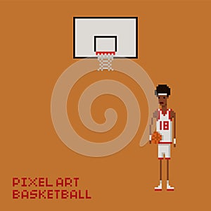 Pixel art style young black man basketball player in white and red uniform holding a ball and baskboard