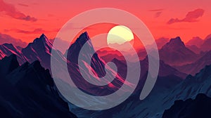 Pixel Art Sunset Over a Mountain Range