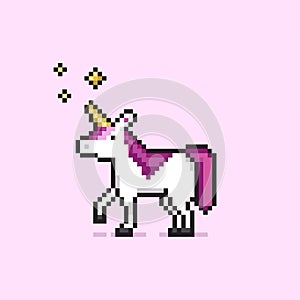 Pixel art unicorn with stars. White pixel unicorn with pink hair and golden stars.