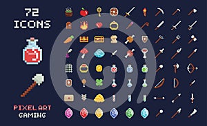 Pixel art vector game design icon video game interface set. Weapons, food, items, potion, magic.