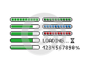 Pixel art vector illustration set - 8 bit retro style loading indicator bars, percent numbers, loading text