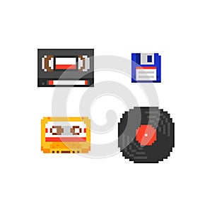 Pixel art vector illustration set - audio compact cassette, video tape cassette, floppy disk, vinyl gramophone record