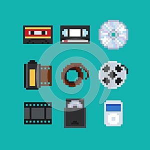 Pixel art vector illustration set - audio compact cassette, video tape cassette, matnetic tape, compact disc, audio and
