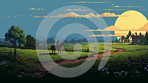 Pixel Art Wallpaper: Sunlit Prairie With Horse In Neo-geo Style