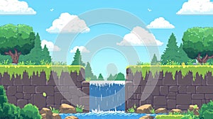 Pixel Art Waterfall Landscape Retro Game.