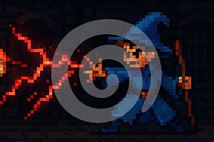 A pixel art wizard casting a powerful lightning spell