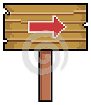 Pixel art wooden sign with indicative arrow icon for 8bit game