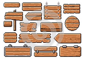 Pixel art wooden signs. Old road guidepost pointer, 8 bit wood style banner and app interface frames vector template set
