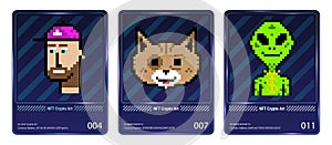 Pixel arts NFT in card collection. Banner Non-fungible token