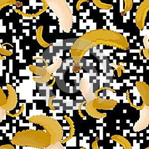 Pixel banana Seamless Pattern. Pix vector illustration.