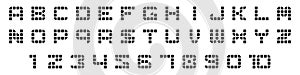 Pixel block alphabet font. Led display font. Digital scoreboard alphabet letters.