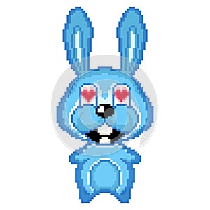 Pixel blue rabbit. Pixel icon. Cartoon beautiful bunny. Bunny in love.