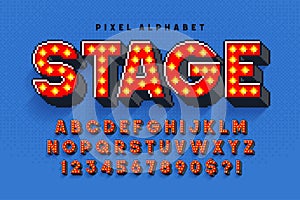 Pixel Broadway show alphabet design, stylized like in 8-bit games.