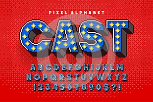 Pixel Broadway show alphabet design, stylized like in 8-bit games.