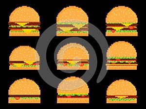 Pixel burger icon set isolated on black background. 8-bit cheeseburger with two cutlets and cheese. Collection of cheeseburger and