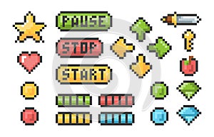 Pixel buttons. Retro video games trophy pictogram menu bars ui elements vector pixel set
