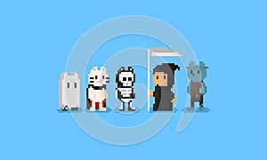 Pixel cats wear halloween costume.8bit character.