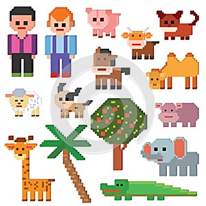 Pixel character vector farm animal pixelart and cartoon animalistic farming signs for 8bit game illustration photo