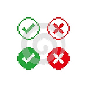 Pixel check mark and cross icon set. Positive and negative choice 8bit illustration symbol. Sign app button vector