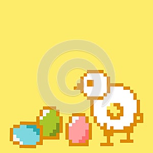 Pixel chicken and Easter eggs on a yellow background. Vector illustration for a greeting card. Space for your text