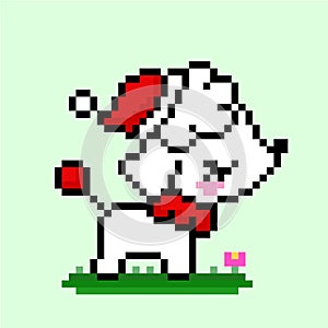 Pixel Chinese Crested Dog wearing a Santa hat. Vector illustration