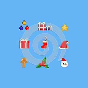 Pixel christmas elements.8bit vector illustration..