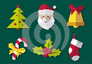 Vector set of Christmas stickers in pixel art style. New Year Icons