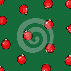 Pixel Christmas red bauble pattern. Green background. Festive xmas decorations. 8 bit retro winter xmas icons. Merry Christmas,